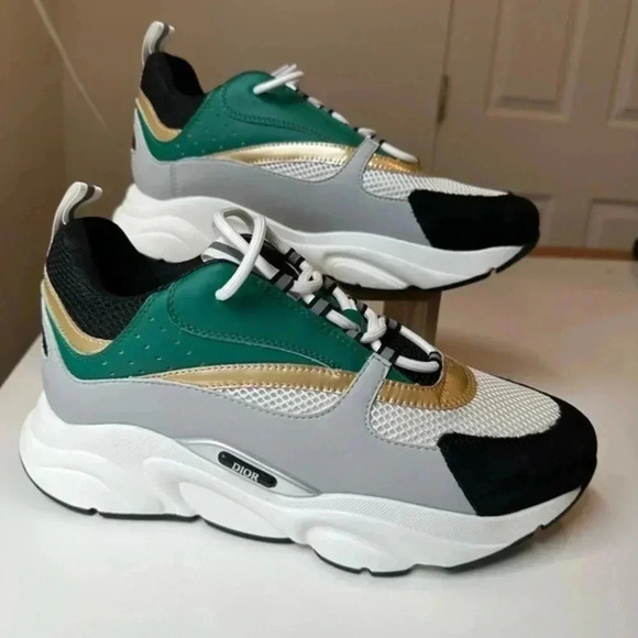 DIOR B22 Sneaker, White/Black Mesh with Green, White and Gold-Tone, Size 11.5us - Picture 1 of 16